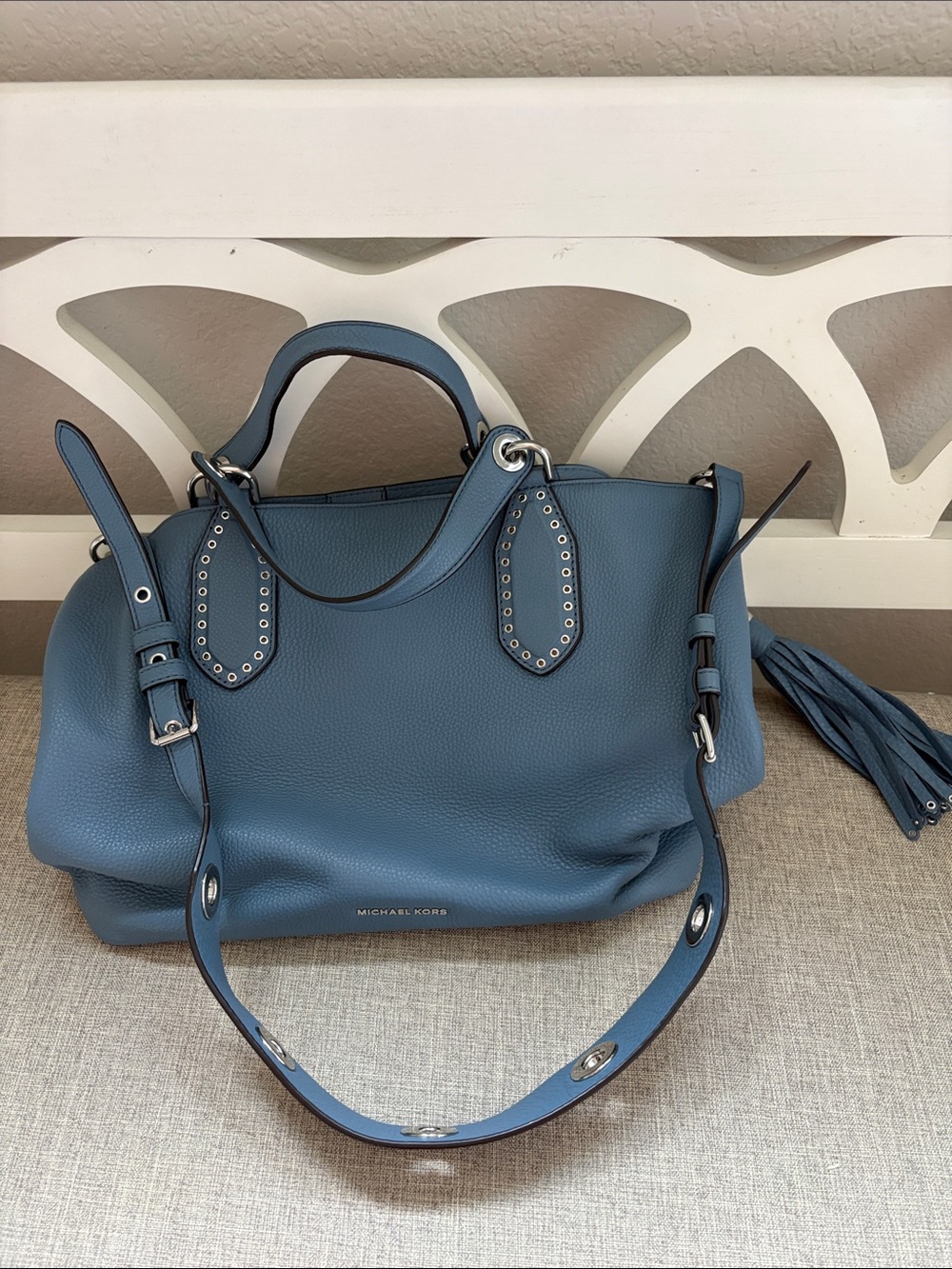 Michael Kors Dusty Blue Pebbled Leather Shoulder Satchel